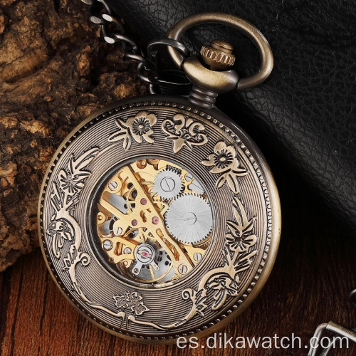 Reloj de bolsillo mecánico con esfera de números tallados en círculo de madera Vintage para hombre, cadena de reloj mecánica de bronce Steampunk hueca única